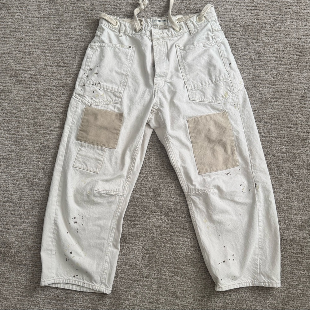 We The Free White Painter Patchwork Jeans with Beige Patches